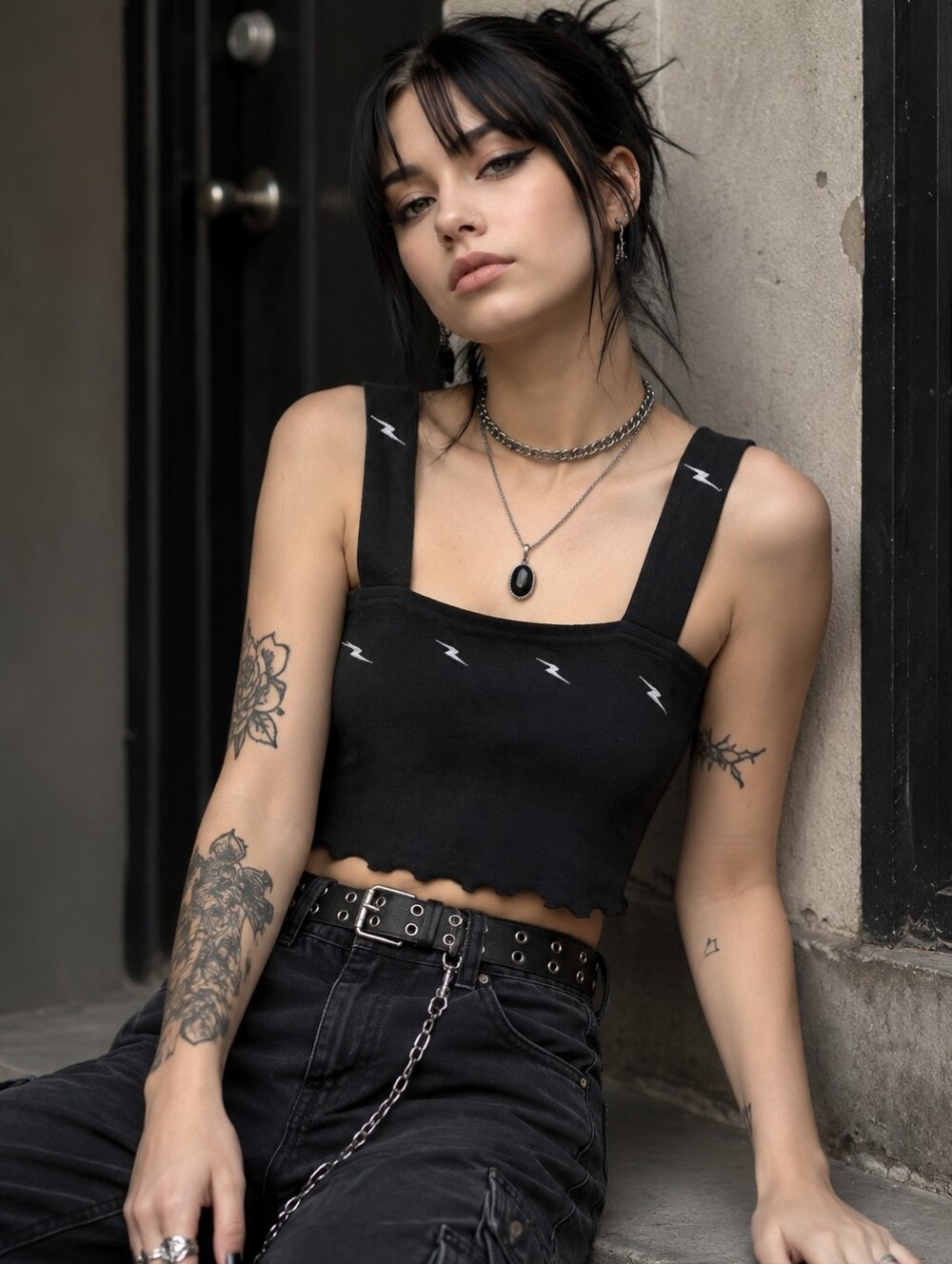 Black Ribbed Lightning Crop Tank Top Goth Metal